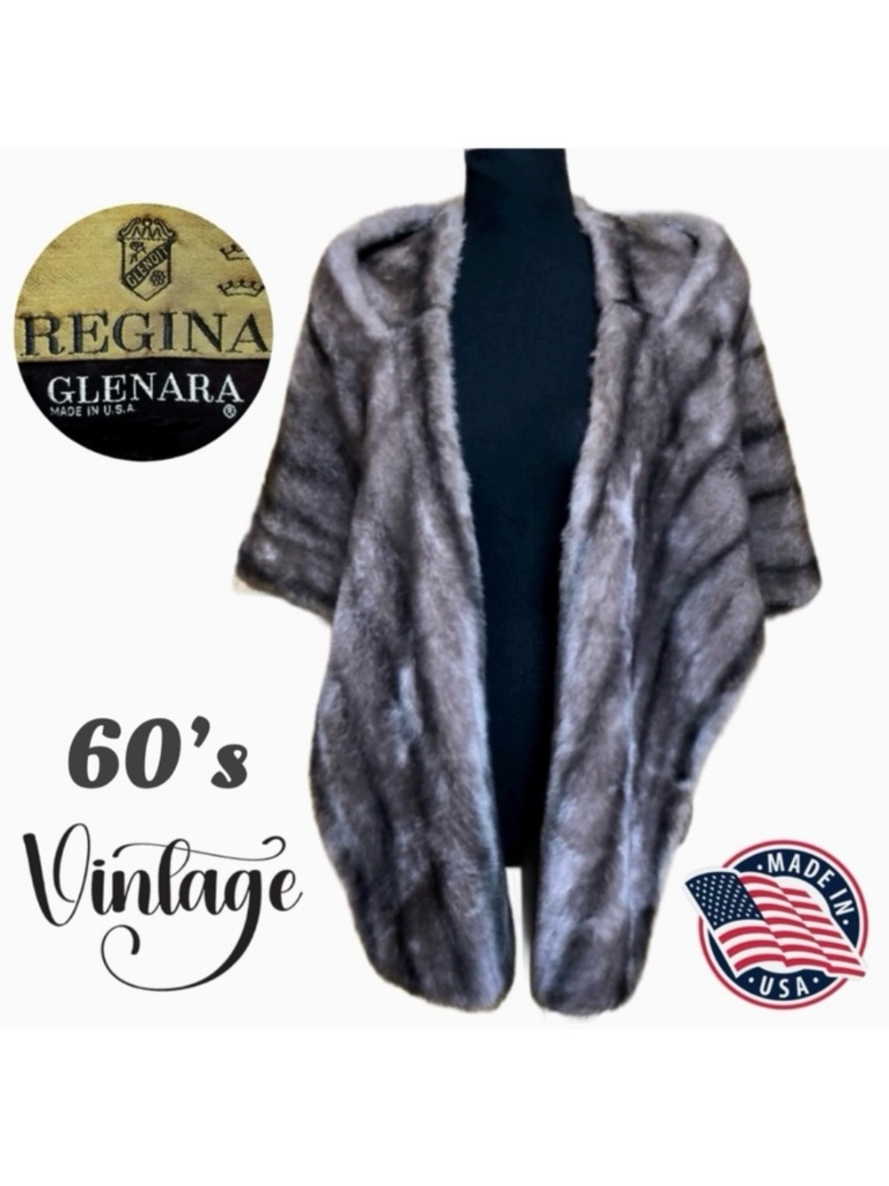 60’s Vintage Regina Glenara Faux Silver Fox Fur Stole Jacket OS